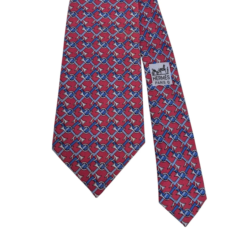 Hermes Corbata Hombre Rojo/Azul Cuerno Trompeta Instrumento Musical Seda 7039 TA 3.25" 56" Foto 2 de 4