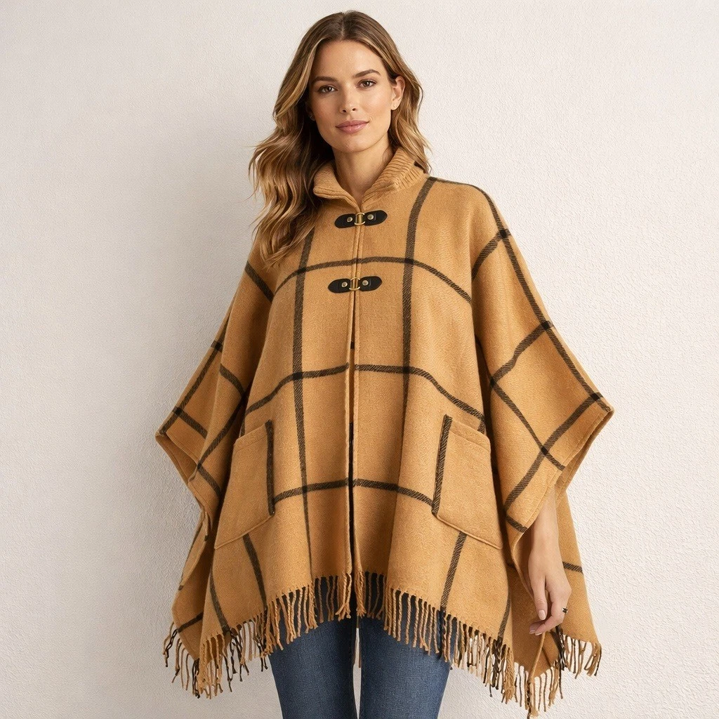 London Fog Poncho Women One Size Camel Brown Plaid Toggle Fringe LFR72A