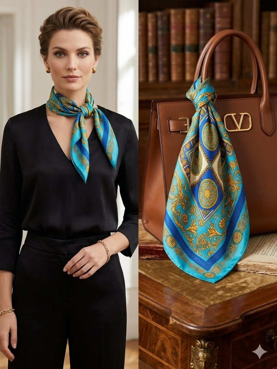 Vintage Silk Scarf Baroque Vanitas Print Blue Gold 26x26 Square