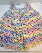 Vintage Handmade Crochet Pastel Baby Dress Size 12 Months Pink Flower Buttons