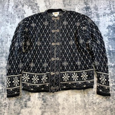 Talbots Petites schwarz weiß Schneeflocke Fair Isle Baumwolle Cardigan Pullover, Gr. M
