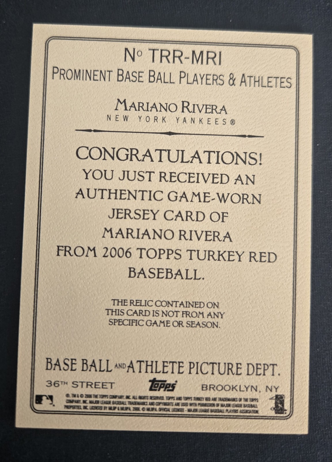 2006 Topps Turkey Red Mariano Rivera Game Used Jersey Relic Yankees view 2