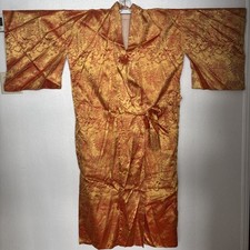 1940s VINTAGE JAPANESE KIMONO ORANGE/GOLD FIGURED SILK LINED BELL SLEEVES