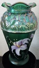 Fenton 8" Green Iridescent Vase, Hand Painted Floral Designer Showcase Signed