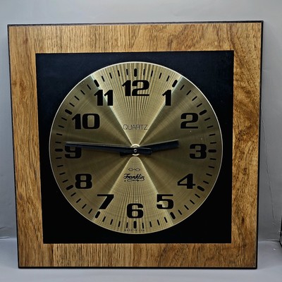 Vintage Franklin Quartz Wall Clock Mid-Century Wood & Brass Tone Made USA 12''
