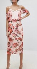 Oasis Romance Roses Peach Pink Midi Floral Cold Shoulder Dress 14 