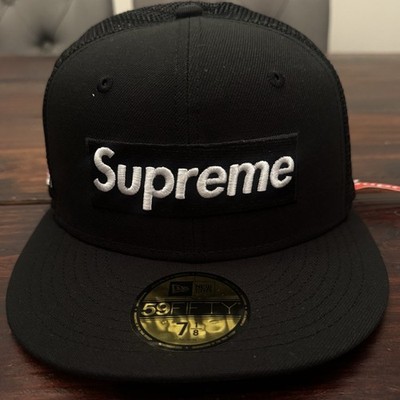 Supreme New Era Box Logo Mesh Back Fitted Hat Black Sz 7 1/8 NEW