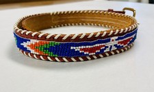 Vintage Native American Seed Bead Belt 39  X 1  Eagle Arrows Brown Leather