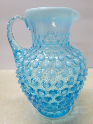 Fenton Blue Opalescent Glass Hobnail Syrup Pitcher Glossy Finish 5.5'' tall
