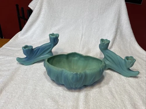 Vintage VAN BRIGGLE Art Pottery Tulip Bowl & Candlestick Set.  Aqua Ming