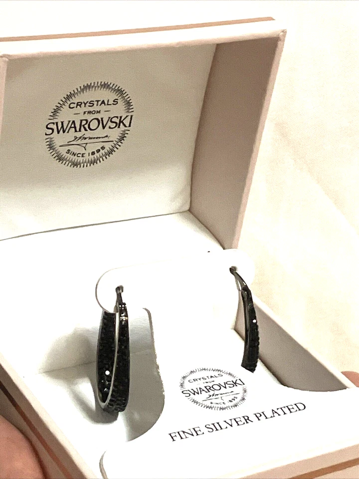 CRYSTALS From SWAROVSKI Hoop Earrings Black Crystals Fine Silver Plated - Image 2 of 4