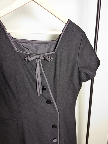 Vintage 1960s Satin Bow Neckline Button Pencil Wool? Dress - Picture 2 of 6