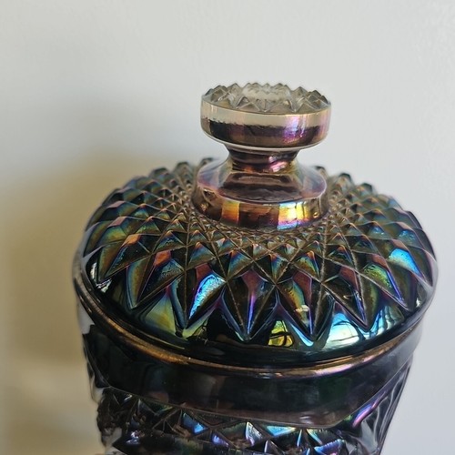 8" Imperial Scroll & Flower Panels Smoke Peacock Carnival Glass Jar & Lid sti - Picture 5 of 16