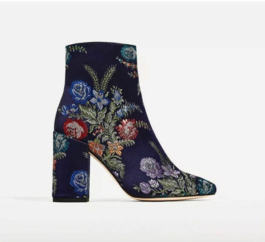 NEW Zara Jacquard Embroidered Ankle Boots Navy Blue Floral Heels Shoes 36 USA 6 image 2