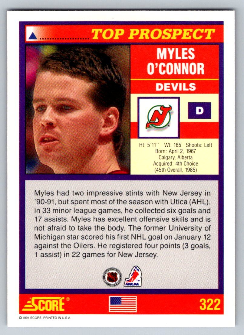 1991 Score #322 Myles O'Connor Rookie Card New Jersey Devils | eBay
