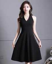 Chic Elegant V Neck Halterneck A-line Mini Gown Evening Party Little Black Dress