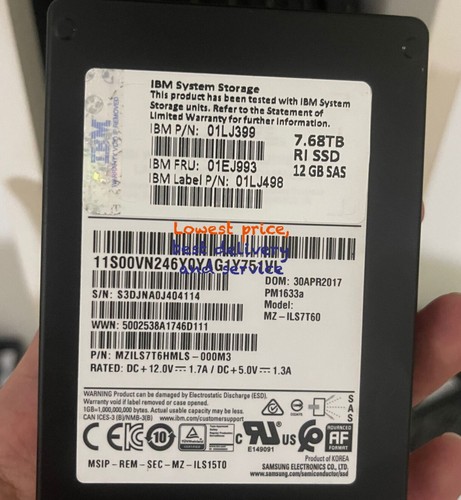 Samsung PM1633a 7.68TB SAS 12Gbs 2.5" MZ-ILS7T60 MZILS7T6HMLS-000M3 IBM SSD 100% - Picture 2 of 2