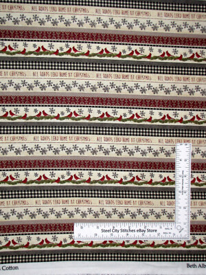 Christmas Fabric Cardinal Snowflake Stripe Bge Snow Village Cotton Benartex Yard