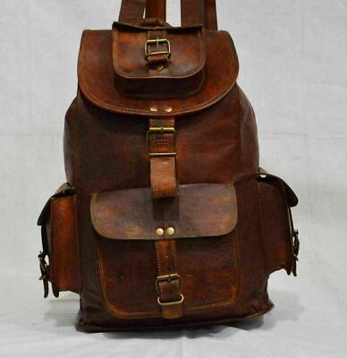 Unisex Vintage Style Real Genuine Leather Bag Rucksack Backpack Dark Brown 