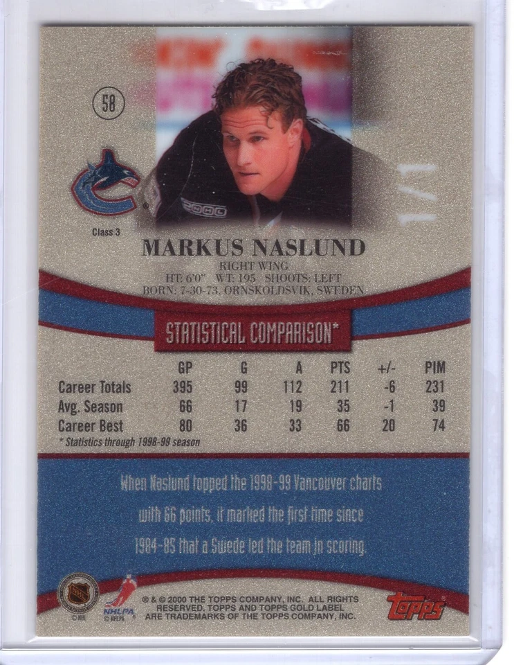 1999-00 Topps Gold Label Class 3 Black One of One #58 Markus Naslund 1/1 - Image 2 of 2