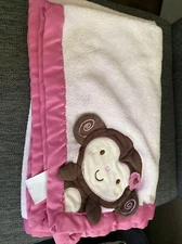 Vtg Kidsline Pink BABY BLANKET Plush Satin Trim Kids Line 30x38 inches Monkey