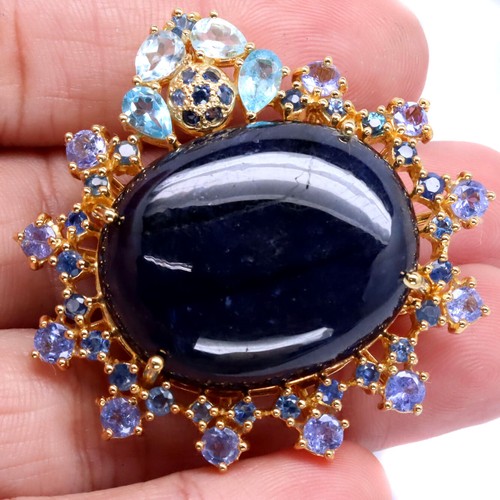 925 Argento Sterling 25 x 30 MM Zaffiro Blu, Topazio & Tanzanite Spilla/Ciondolo - Foto 2 di 4