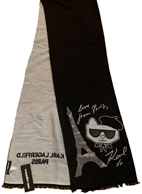 NWT $58 Karl Lagerfeld ''Love from Paris'' Cat & Beret Black Silver Studded Scarf