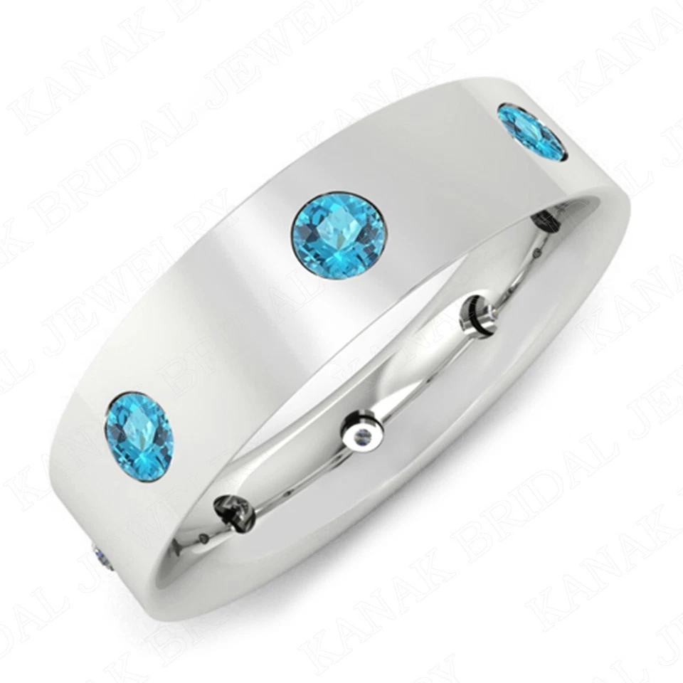 Alianza de boda de topacio azul con acabado mate redondo de 4 quilates para hombre enchapada en oro blanco de 14 quilates Foto 4 de 4