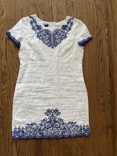 Talbots Dress 16 White Embroidered Lined 100% Linen Scalloped Hem Shift Dress