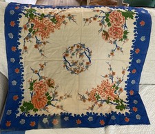 Vtg Large Silk Scarf Asian Motif Orange Mums Electric Blue Twigs AS IS