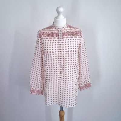 Vanessa Bruno Bluse Tunika UK 10 Paisley Print 100% Baumwolle Creme Rot Top Boho