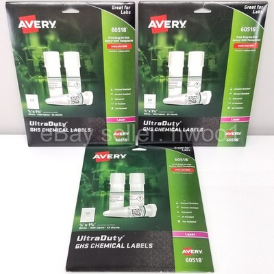 3 Packs x Avery GHS Chemical White Labels 60518 | 1500 Labels/pk, 25 Sheets/pk