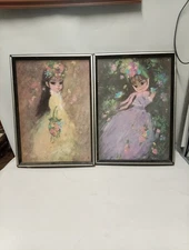 Majo Big Eyed Girl 1960's On Art Board And Wooden Framed Mid-Century Modern 