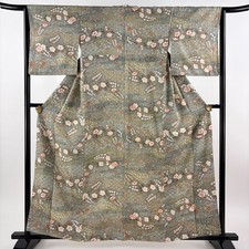 JAPANESE KIMONO FINE PATTERN GRAY-GREEN 160cm 5 ft 3 in PURE SILK B1509