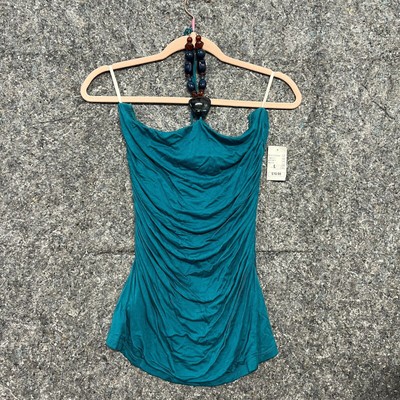 Strawberry Blouse Women L Blue Halter Top Sleeveless  Fitted Rounched Bodycon 
