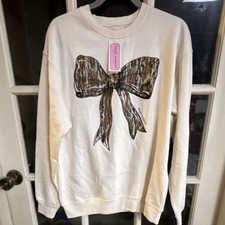 Simply Southern Collection Crew Neck Bow Graphic Pullover Sweatshirt Beige XS-S