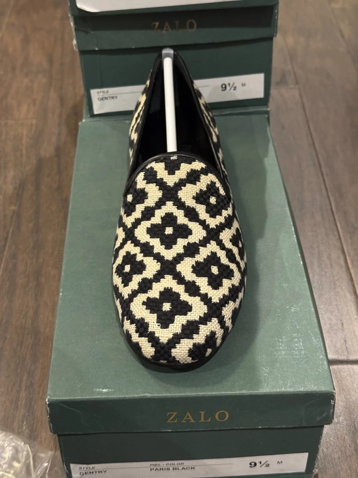 Mocasín Zalo Gentry Paris negro blanco cosido sin cordones punta de aguja geométrica NUEVO Foto 2 de 4