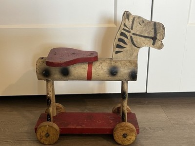 Antique Primitive Wooden Horse Pull Toy Hand Painted 1930s Americana Folk Art.