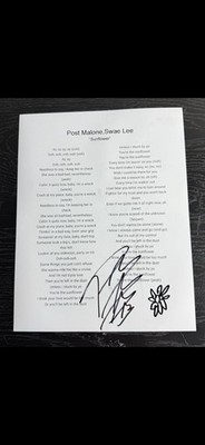 Post Malone Autographed  Sunflower  Lyric Sheet  Post Malone And Swae Lee Song