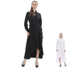 Women Clergy Dress Priest Pastor Dress Asymmetrical Hem Dress Belt Long Sleeves