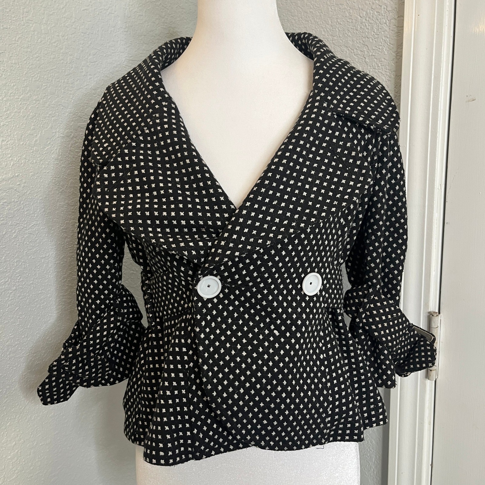 Black White Patterned Jacket Ruffle Sleeve Croppe… - image 2