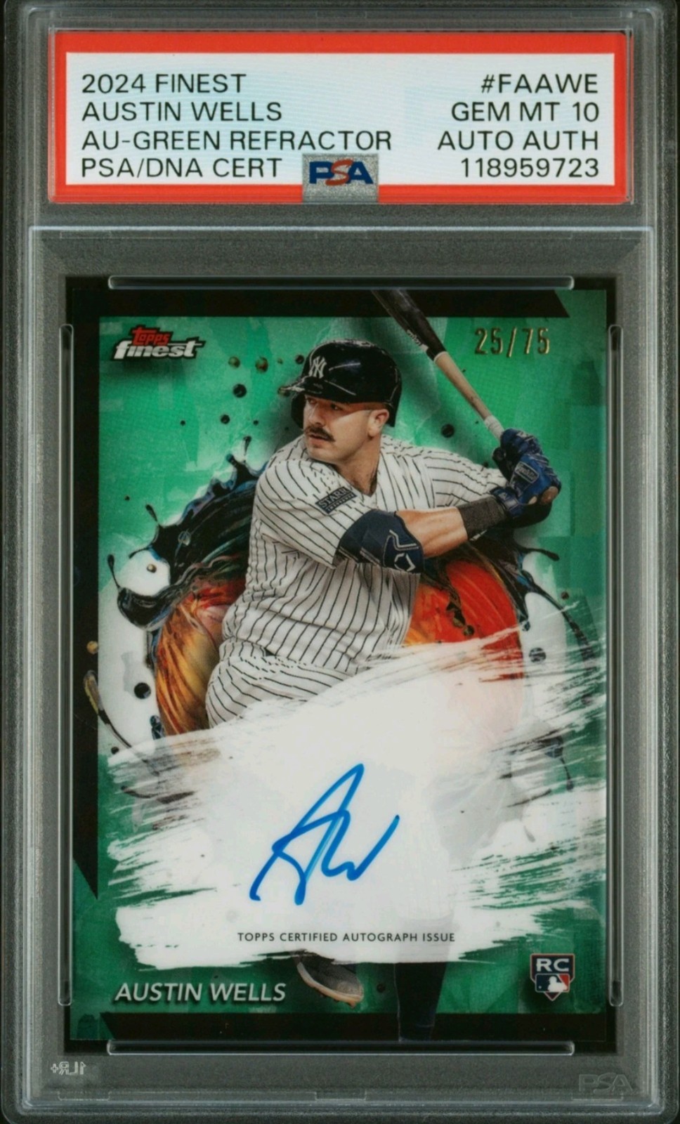 Austin Wells PSA 10 Auto TOPPS FINEST 2024 GREEN REFRACTOR NY YANKEES #d /75
