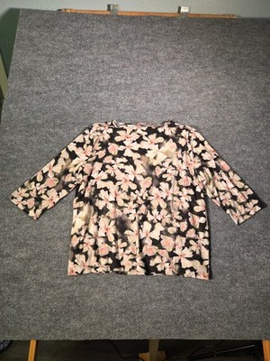 Basler Floral Blouse Womens Black 3/4 Sleeve Scoop Neck Stretch Pullover Top