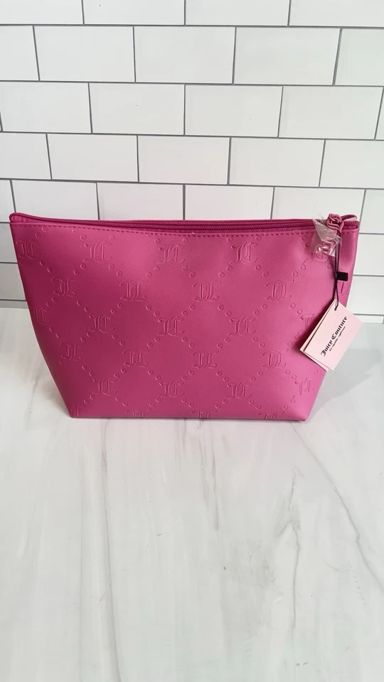 NWT JUICY COUTURE VEGAN LEATHER TRAVEL COSMETIC ZIPPER BAG POUCH HOT PINK - Image 2 of 4