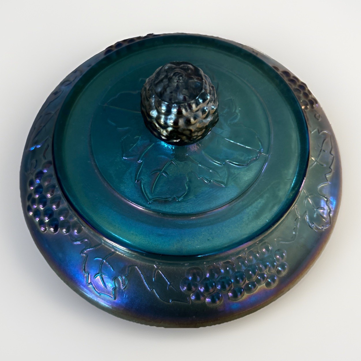 Vintage Indiana Blue Carnival Glass Harvest Grape Pedestal Compote Dish With Lid