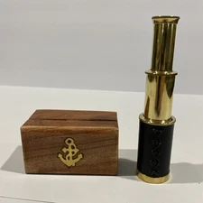 Vintage 6" Brass Telescope w/Brass Nautical Anchor Inlay On Wooden Box EUC