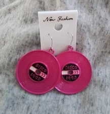 Novelty Pink Vinyl LP Record Dangle Earrings Retro, Kitsch, Kawaii, 70s