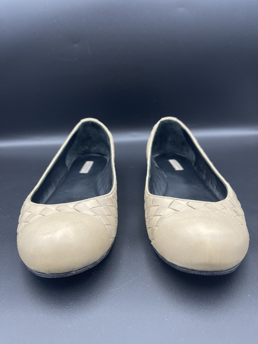 Bottega Veneta Taupe Nude Nappa Woven Leather Ballet Flats Cap Toe