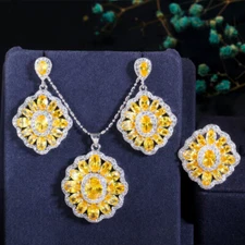 Yellow CZ Stone Big Flower Drop Necklace Earrings Ring Silver Plated Jewelry Set
