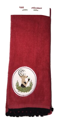 Maker's Holiday Hand Towel Deer Drinking Wine Pom Pom Fringe